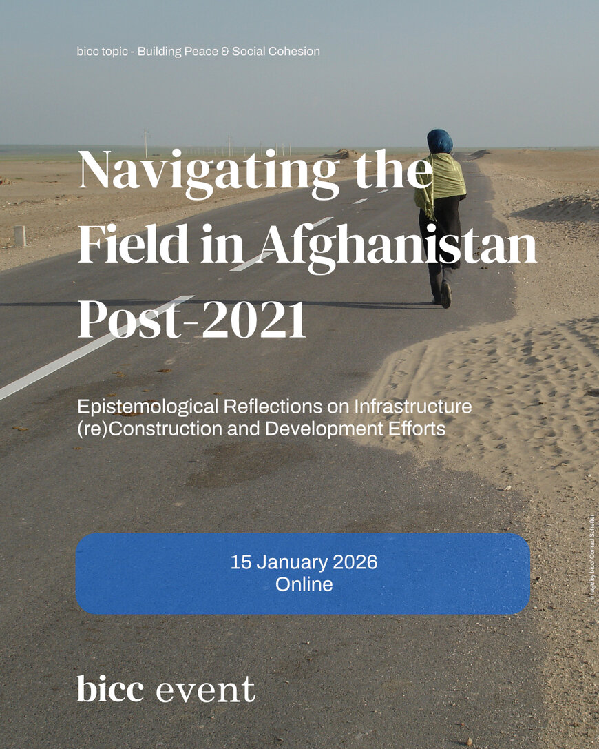 Person walking on a paved road in a barren landscape under a clear sky, with overlaid text about an online event titled 'Navigating the Field in Afghanistan Post-2021'.
