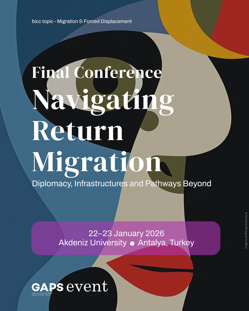 Abstract face with geometric shapes in blue, beige, red, and green, overlaid with text about a final conference on navigating return migration at Akdeniz University, Antalya, Turkey, dated 2