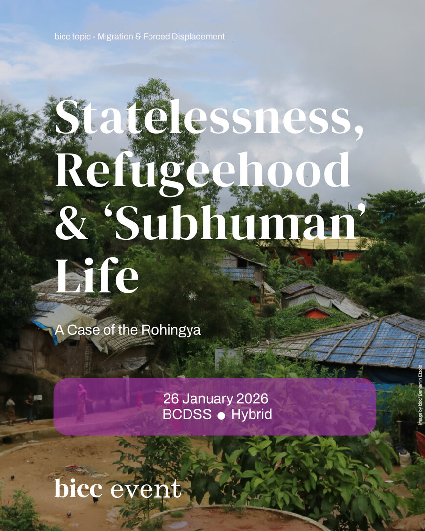 Village scene with houses and greenery under a cloudy sky with overlaid text about a Rohingya event titled 'Statelessness, Refugeehood & 'Subhuman' Life' dated 26 January 2026