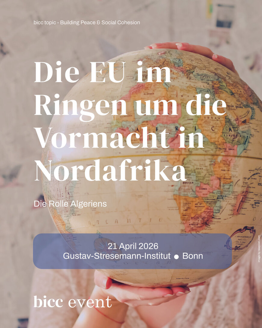 Hands holding a globe showing Africa with overlaid German text about an EU event on North Africa and Algeria on 21 April 2026 at Gustav-Stresemann-Institut Bonn