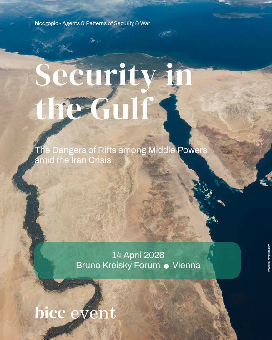 Aerial view of the Middle East region showing the Gulf with overlaid text about a security event titled 'Security in the Gulf' scheduled for 14 April 2026 at Bruno Kreisky Forum in Vienna